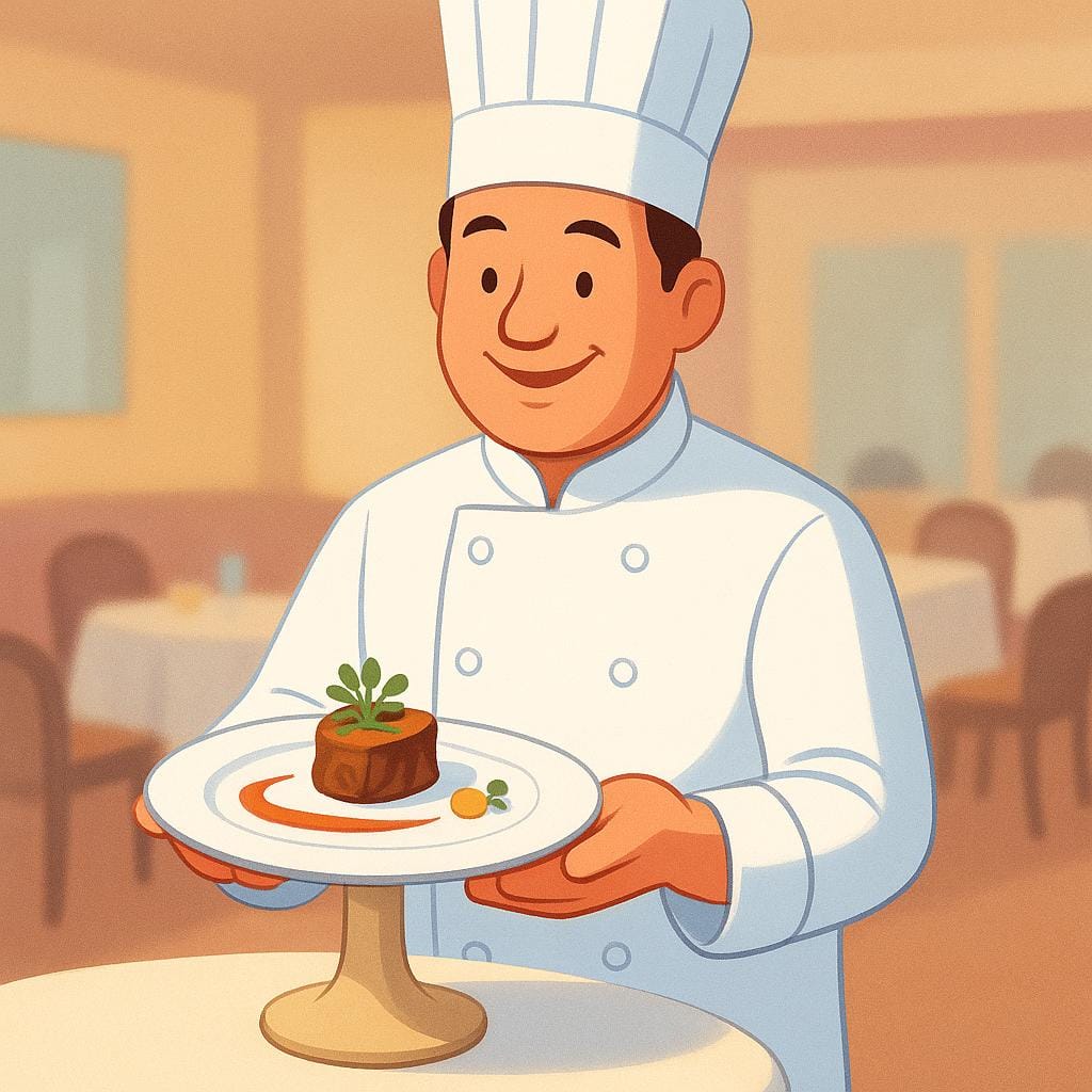 A smiling chef in a white uniform proudly presenting a single, beautifully plated gourmet dish on a pedestal, highlighting it as the featured item.