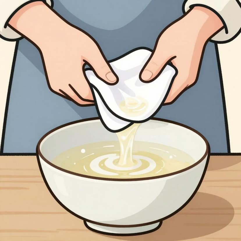 A person carefully pouring a liquid through a cloth to strain it into a bowl.