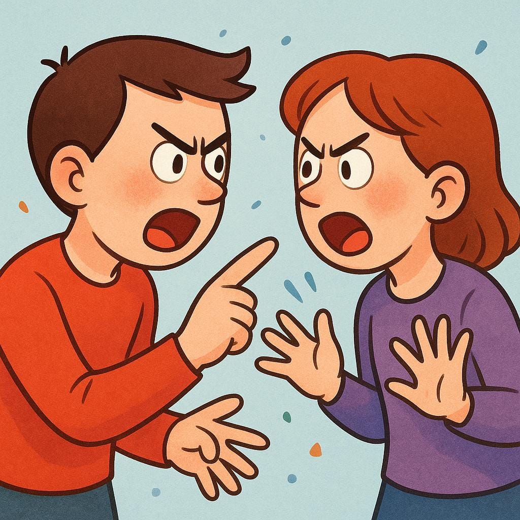 Duas figuras de desenho animado simples frente a frente, envolvidas em uma discussão dramática, indicada por gestos exagerados com as mãos e expressões faciais intensas.