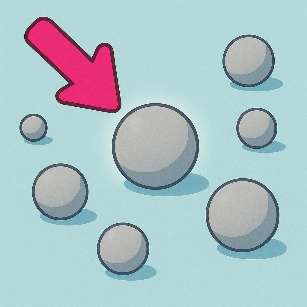 A simple illustration featuring several small, plain gray spheres scattered on a surface. A single, large, brightly colored arrow points directly and emphatically at one specific sphere, highlighting it.