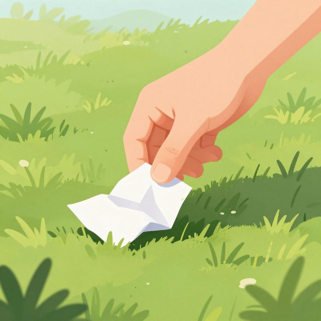 Uma mão pegando um pedaço de lixo de um gramado verde e limpo.