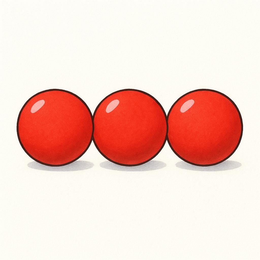 Three identical, perfectly round red balls lined up in a straight horizontal row, touching each other to show a consecutive sequence.
