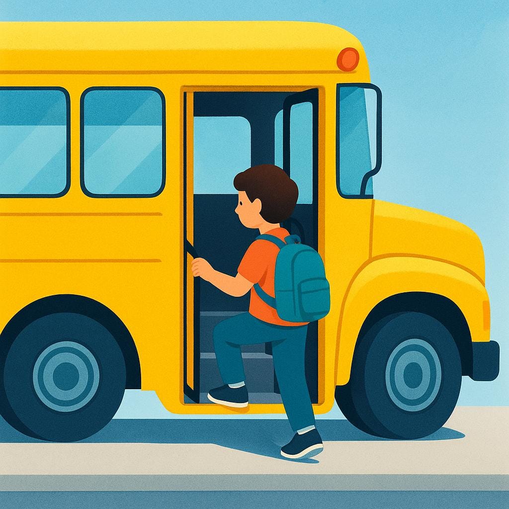 A colorful illustration showing a person with a small backpack stepping onto the entrance of a bright yellow bus, indicating they were catching transportation.