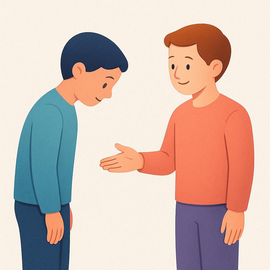 A stylized illustration showing one figure politely bowing while another figure extends an open hand, signifying permission being granted.