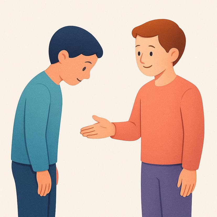 A stylized illustration showing one figure politely bowing while another figure extends an open hand, signifying permission being granted.