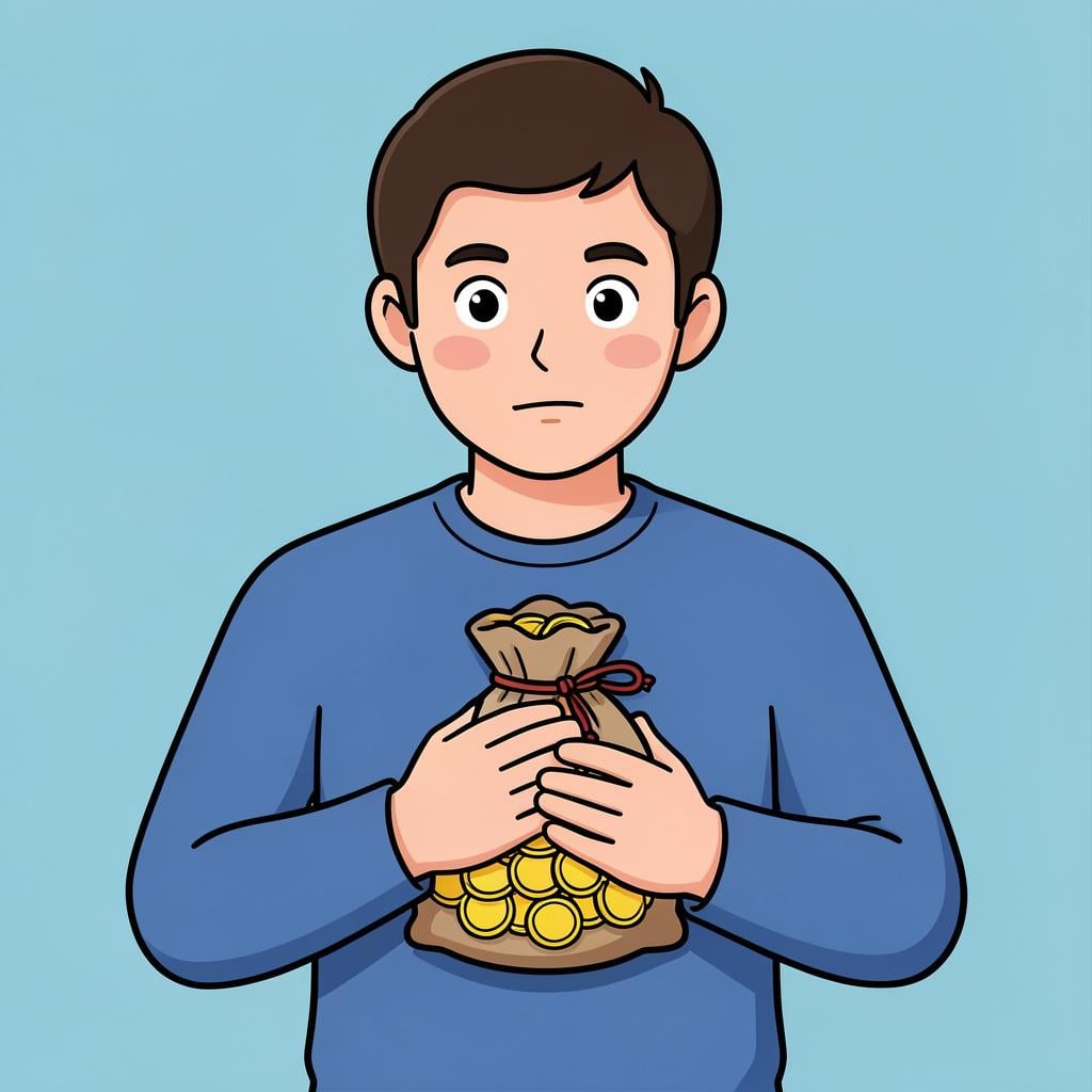 A person tightly clutching a small bag of coins to their chest.