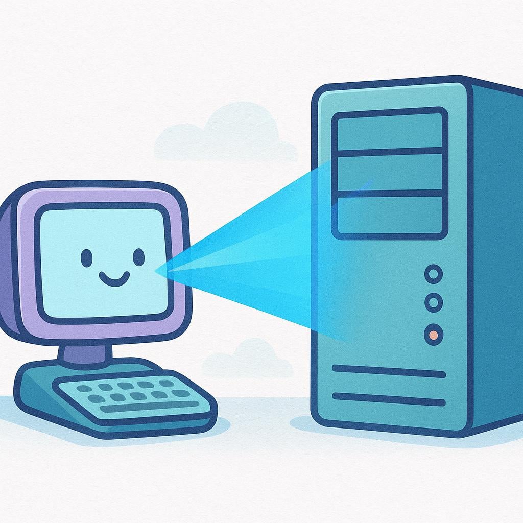 A stylized, simple illustration of a small laptop sending a bright, focused beam of light, symbolizing data, towards a large, rectangular server tower.