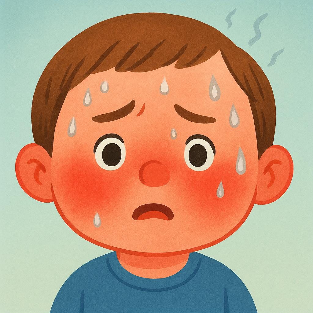 A simple illustration of a person's face (or child's face) with rosy red cheeks and visible sweat droplets, conveying the feeling of having a high fever or being burning hot.