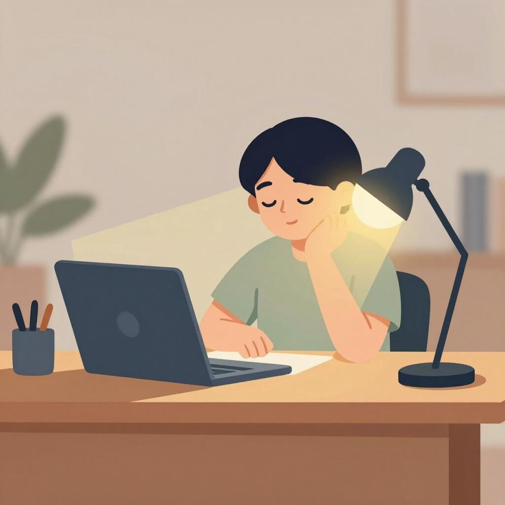 A person sitting at a desk with eyes closed and hands resting peacefully, surrounded by soft glowing light to represent focus.