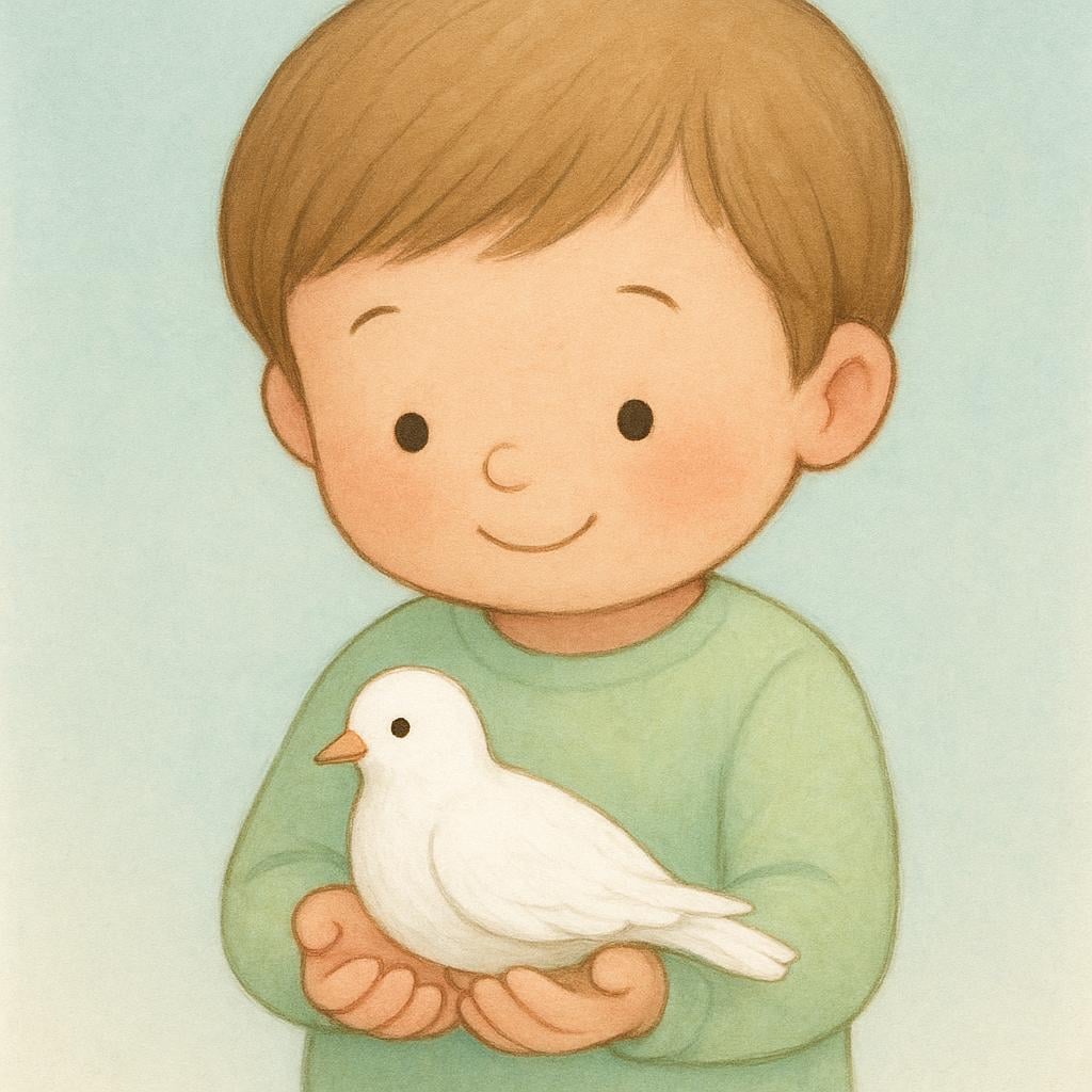 A young child sitting calmly, holding a single white dove in their hands, symbolizing purity and innocence.