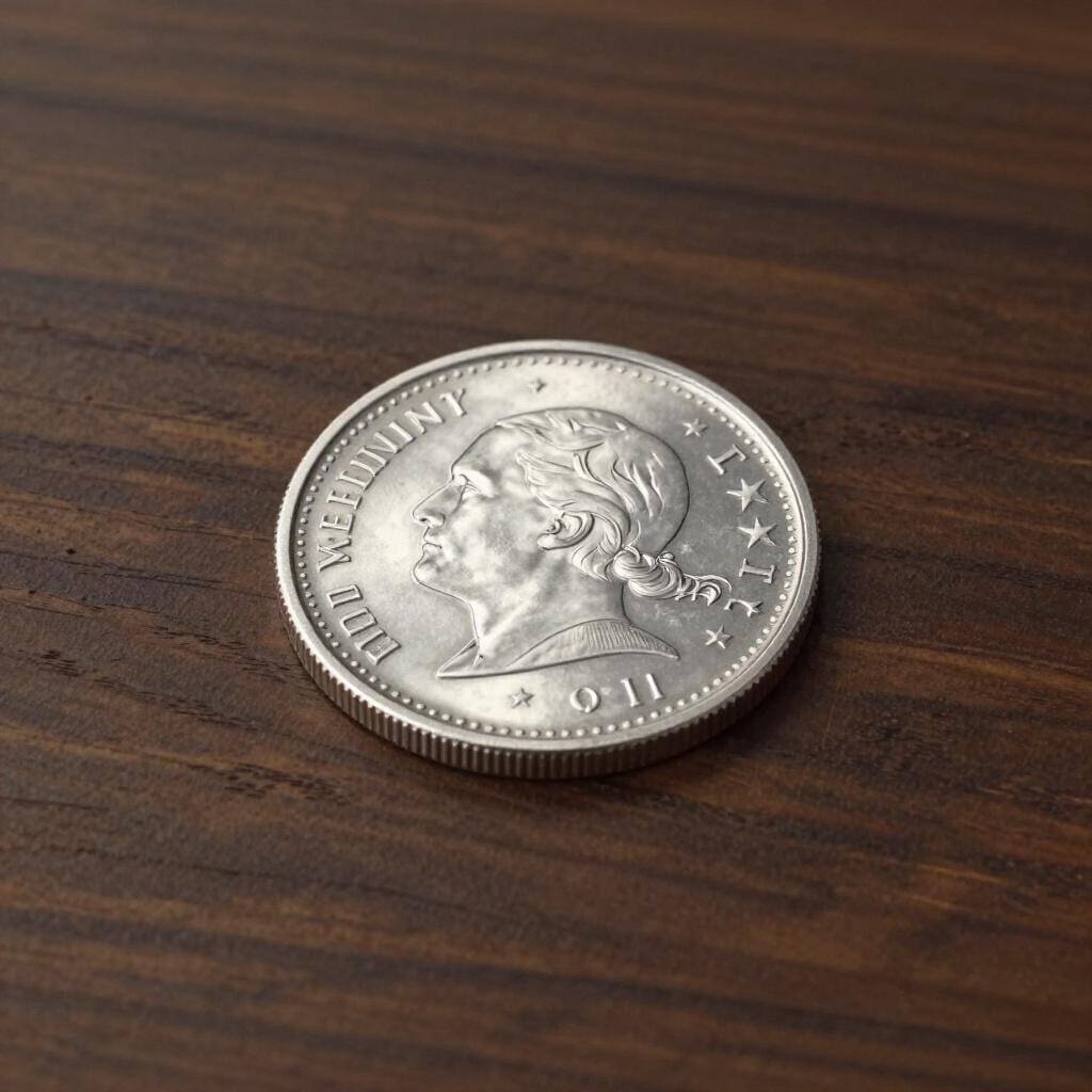 A single, shiny silver coin with a profile of a person embossed on it, resting on a flat wooden surface.
