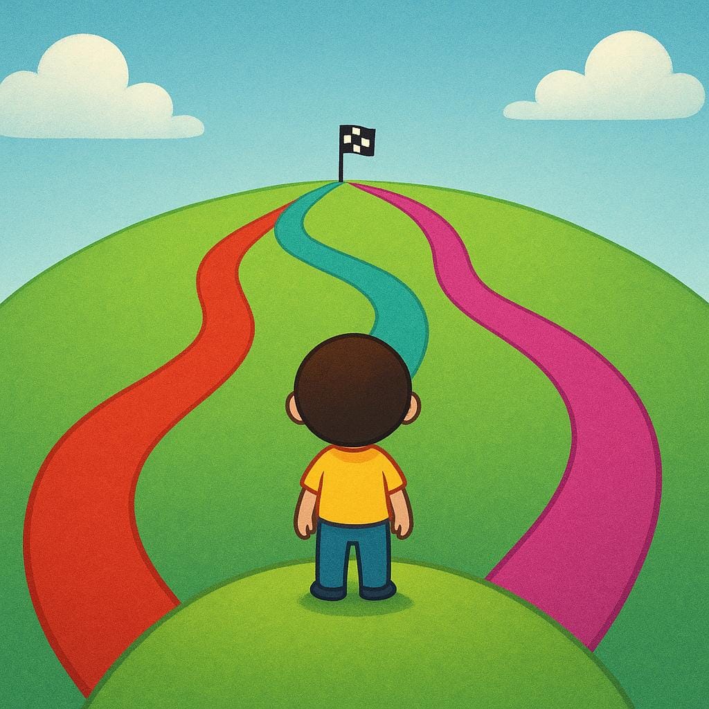 Eine Person steht an einer Weggabelung, an der sich drei verschiedene Pfade zu einem einzigen Ziel verzweigen, was verschiedene Methoden oder Ansätze veranschaulicht.