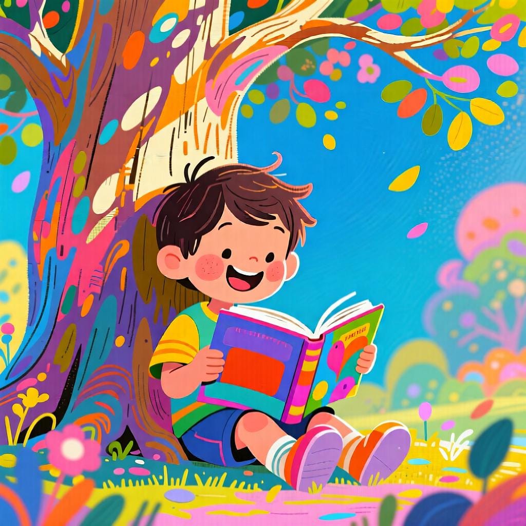 Ein glückliches Kind sitzt gemütlich unter einem großen, belaubten Baum und ist völlig vertieft in das Lesen eines dicken, bunten Buches, was die für eine Aktivität aufgewendete Zeit darstellt.