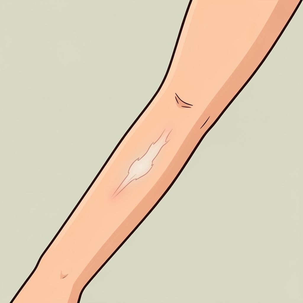 A close-up of a person's forearm with a faint, healed line showing a past wound.