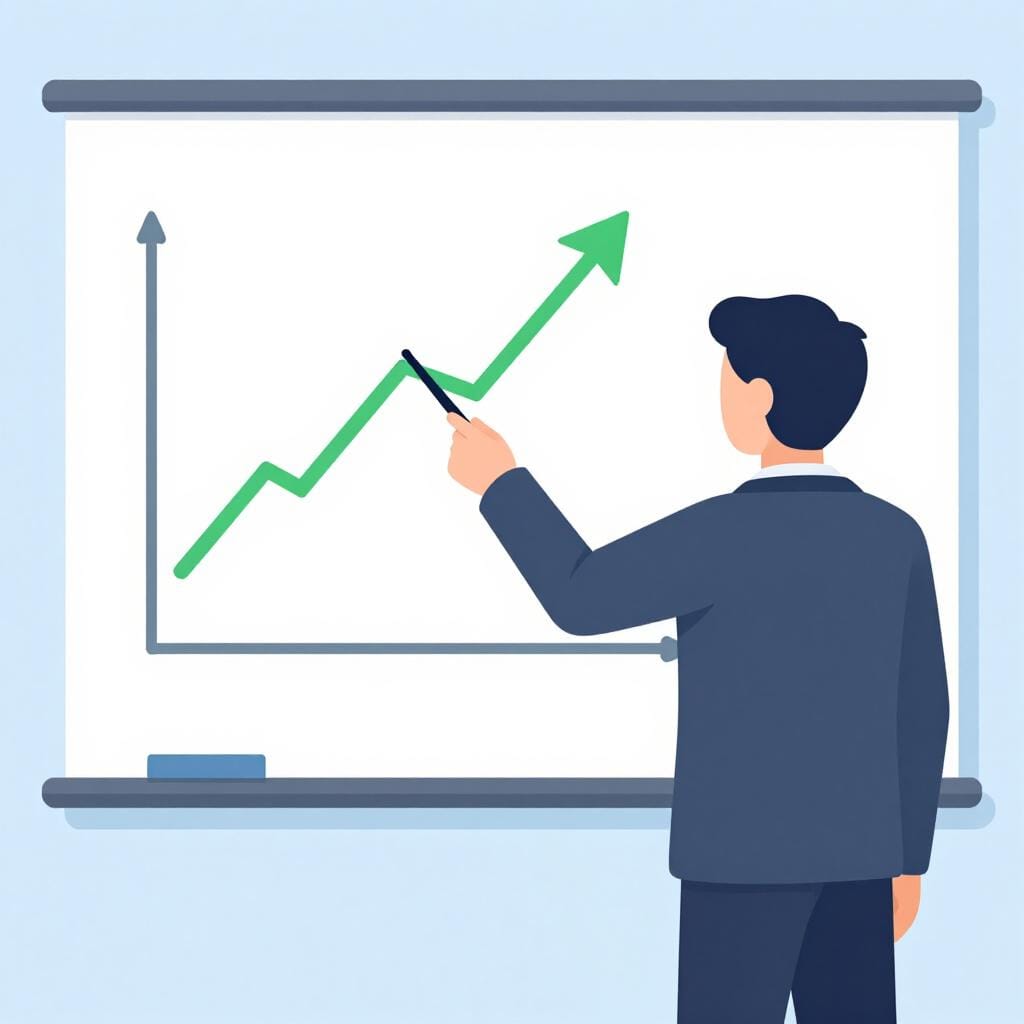 Uma pessoa profissional de terno olhando para um gráfico de linha ascendente em uma tela grande.