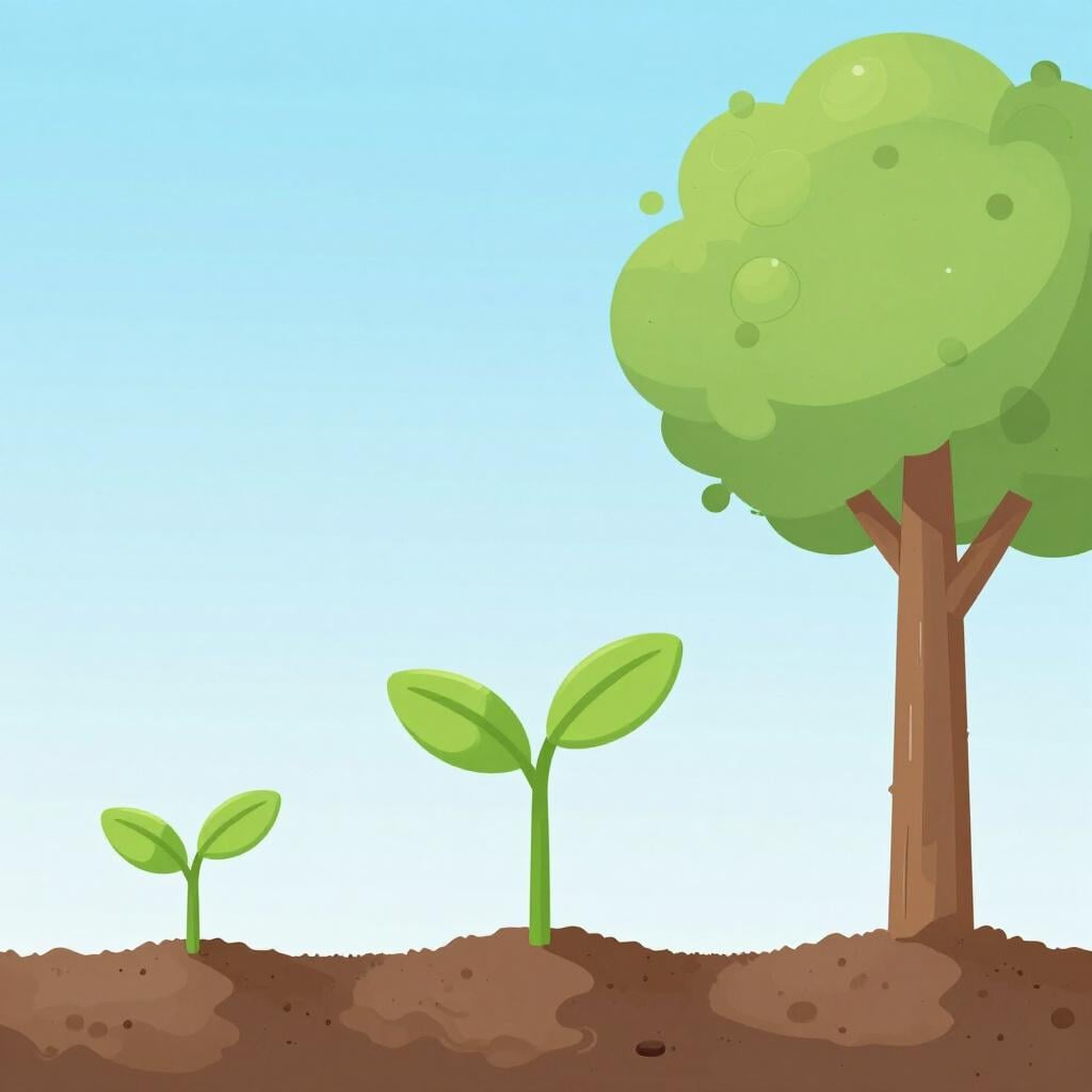 Une petite pousse verte qui pousse pour devenir un jeune arbre en trois étapes distinctes, de gauche à droite.