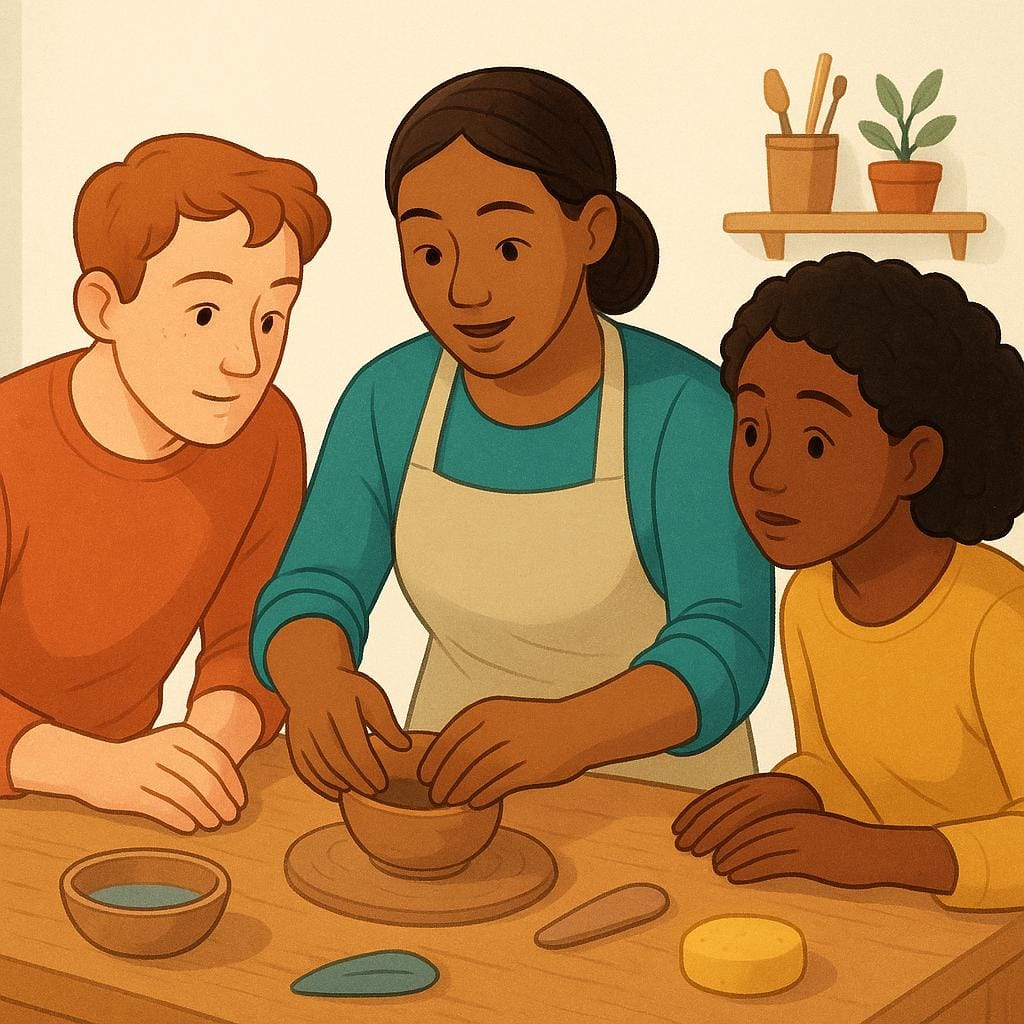 Three adults sitting around a table focused on learning a practical skill. An instructor is demonstrating how to mold clay while the two students watch intently.