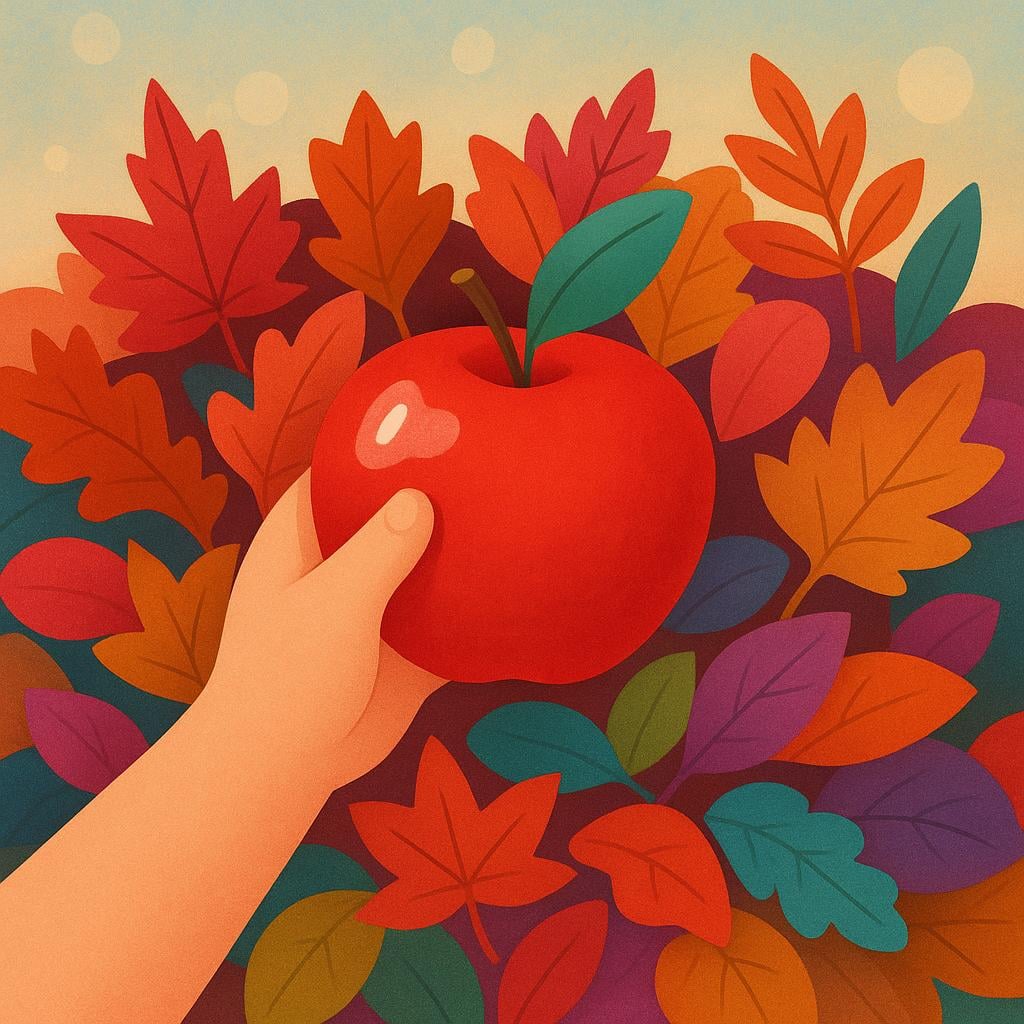A close-up view of a child's hand reaching into a pile of colorful autumn leaves and successfully grasping a single, shiny red apple.