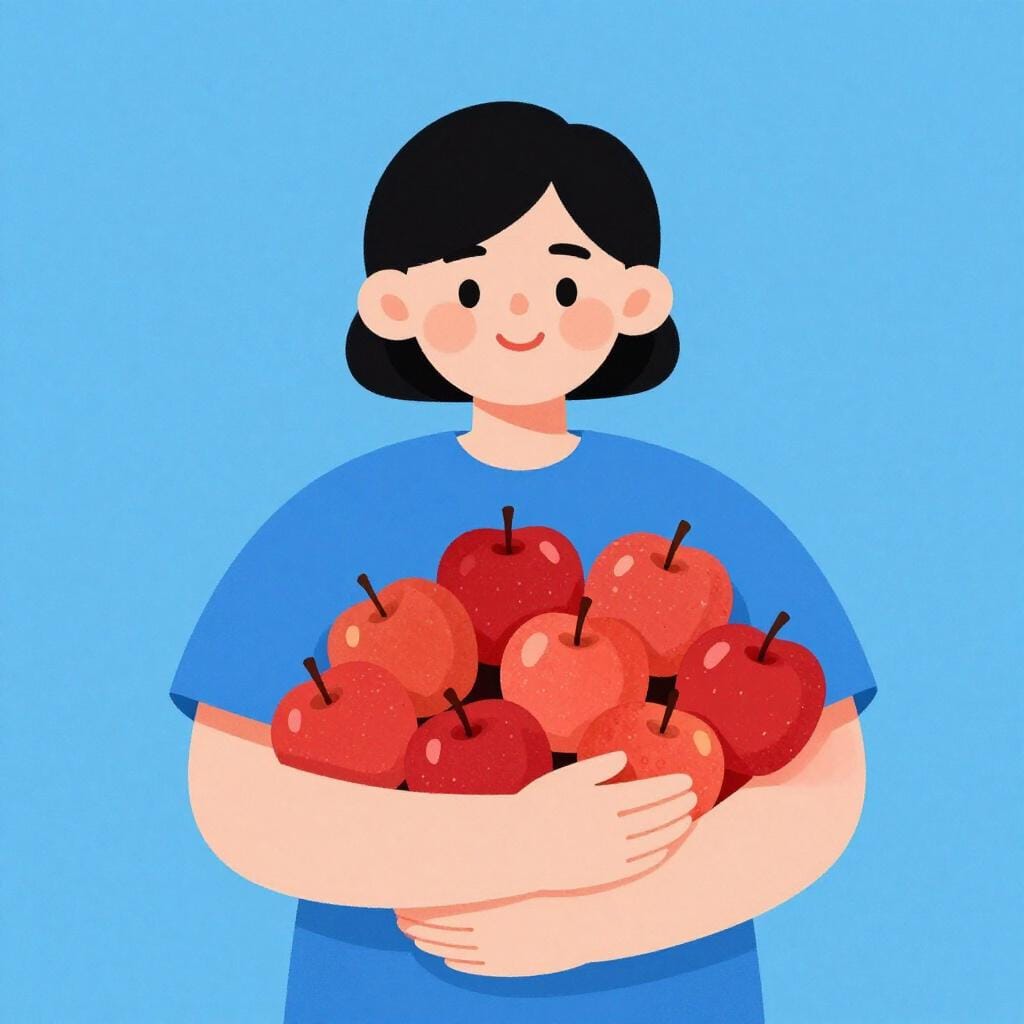 한 사람이 팔에 빨간 사과 여러 개를 들고 있는 모습.