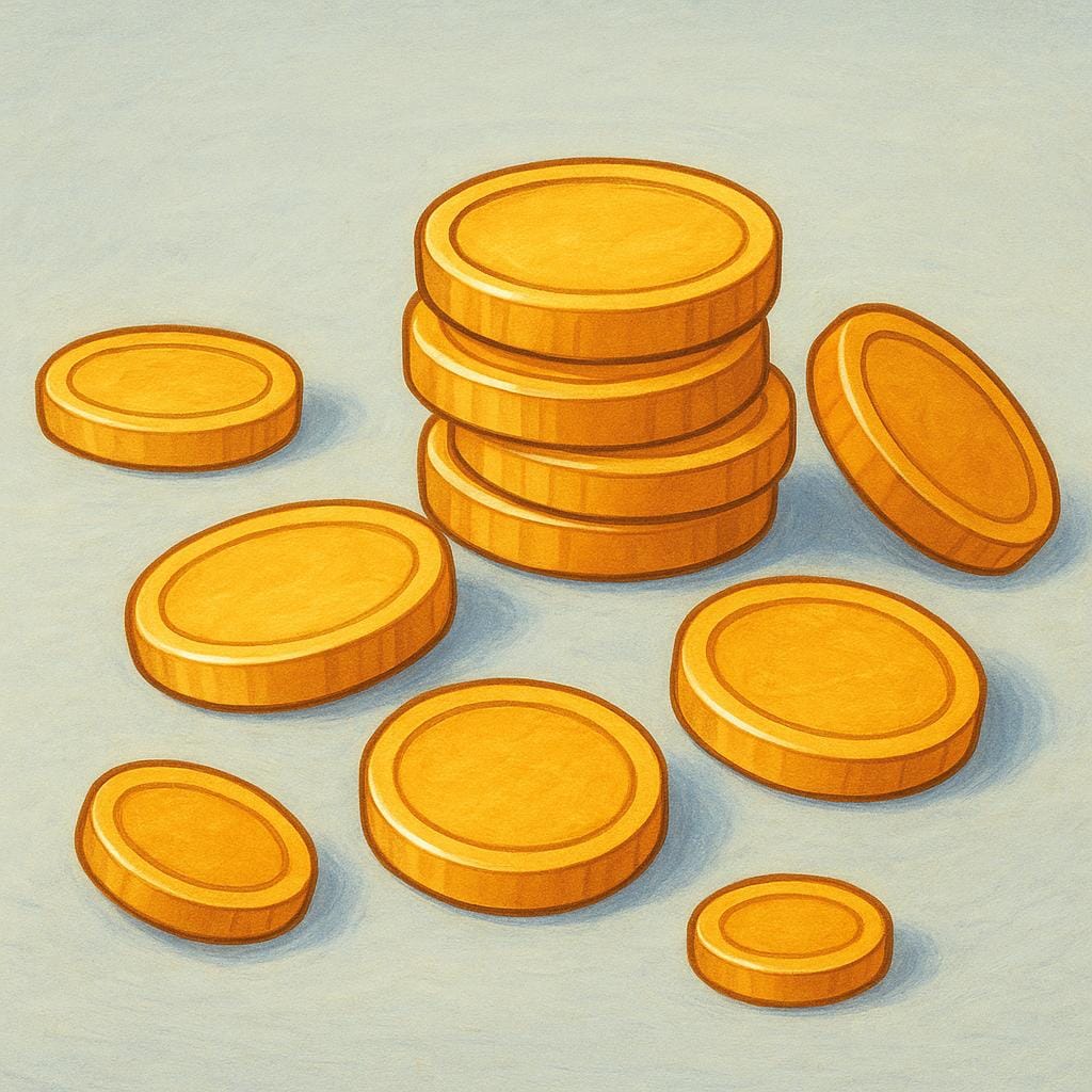 A small pile of thick, round, gold-colored currency coins scattered loosely on a surface.
