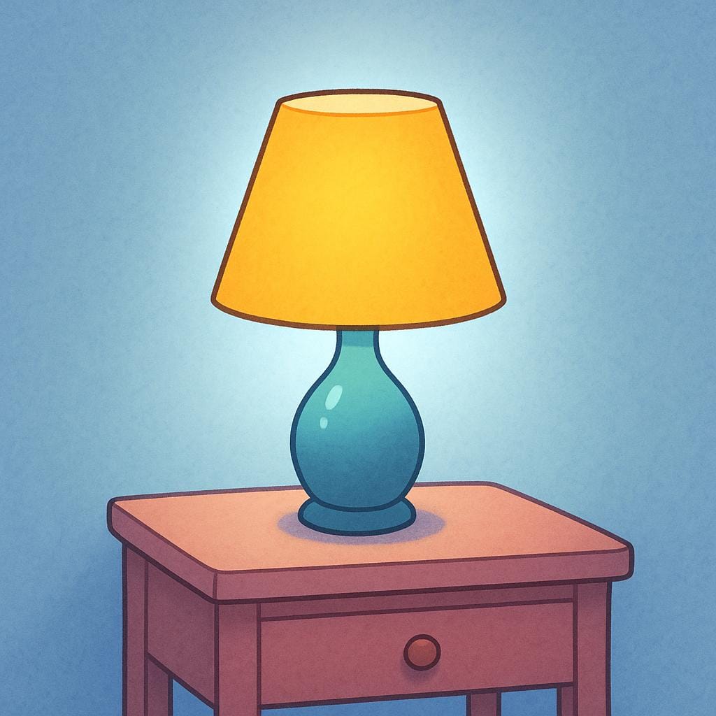 A simple table lamp with a wide, conical yellow lampshade covering the light bulb, casting a warm glow.