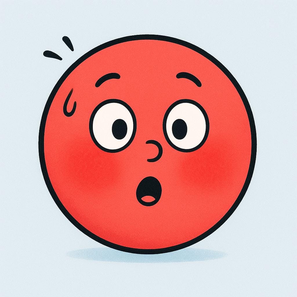A simple, round cartoon face that has suddenly turned a vibrant bright red, symbolizing a change in state or mood, like becoming angry or flushed.