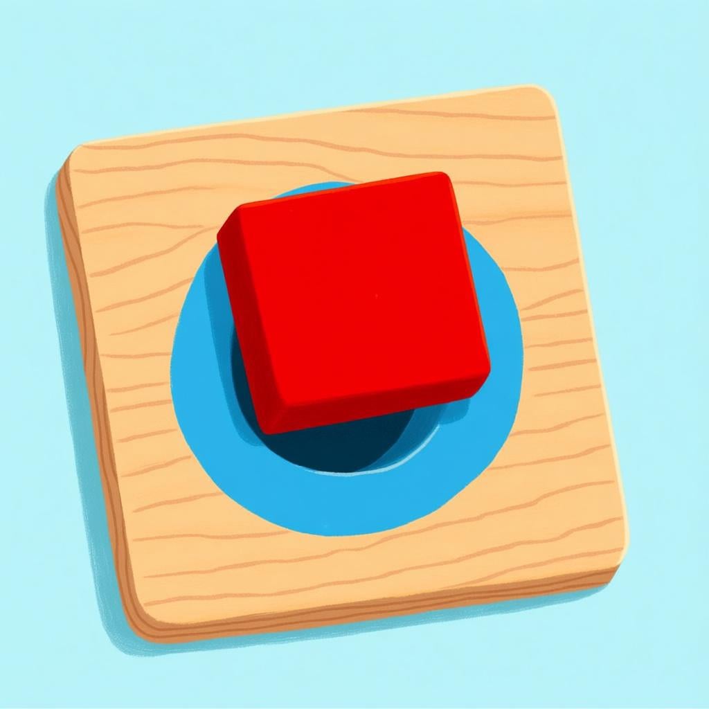 A simple storybook illustration showing a bright red square block being incorrectly pushed into a round blue hole on a wooden toy board, symbolizing a mistake or error.