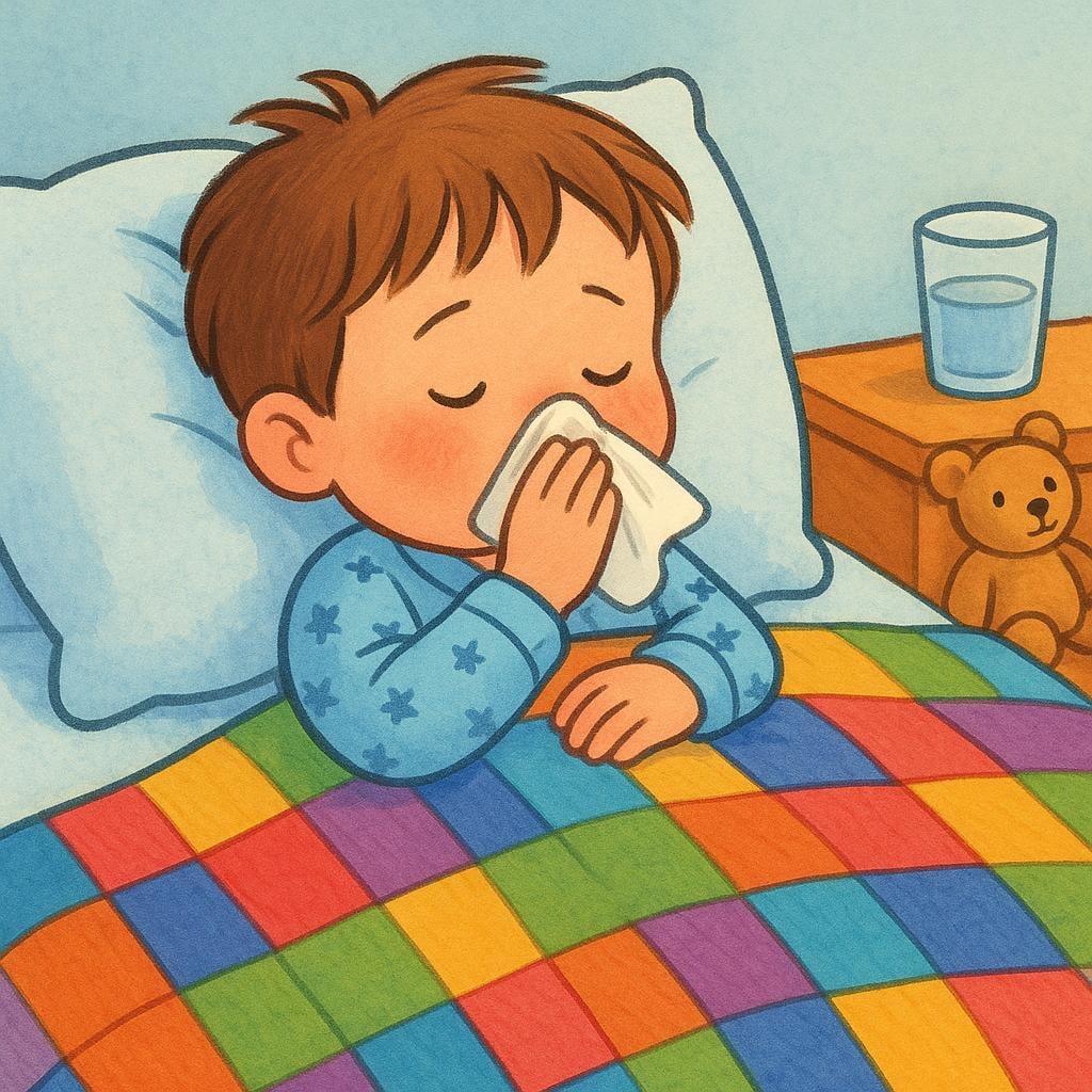 A storybook illustration of a child lying sick in bed under a colorful blanket, looking unwell and holding a tissue to their nose.