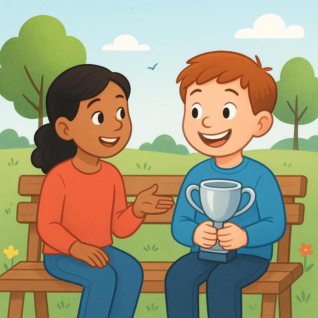 A character observing another character who is celebrating happily, illustrating the act of making a logical guess about the cause of the celebration.