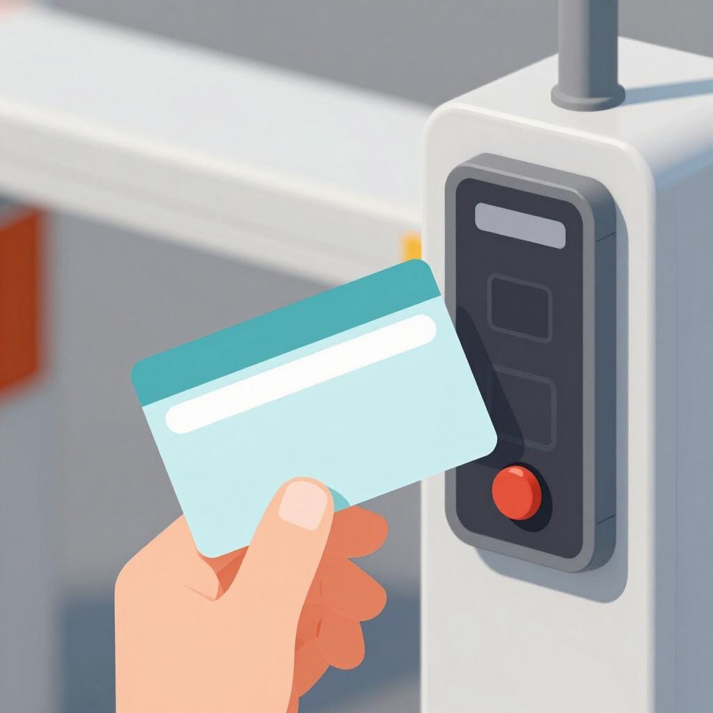 Una tessera colorata di plastica per i trasporti che viene passata su un lettore elettronico.