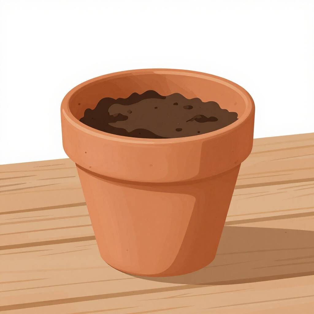 A row of three flower pots showing the growth of a plant, with a focus on the empty pot with soil that comes before the sprout.