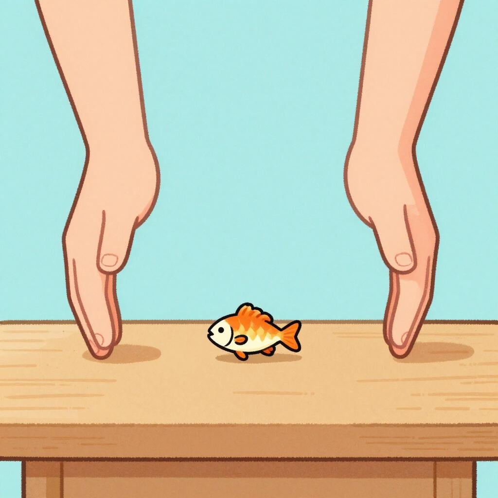 A tiny fish being described with hands held very wide apart as if it were huge.