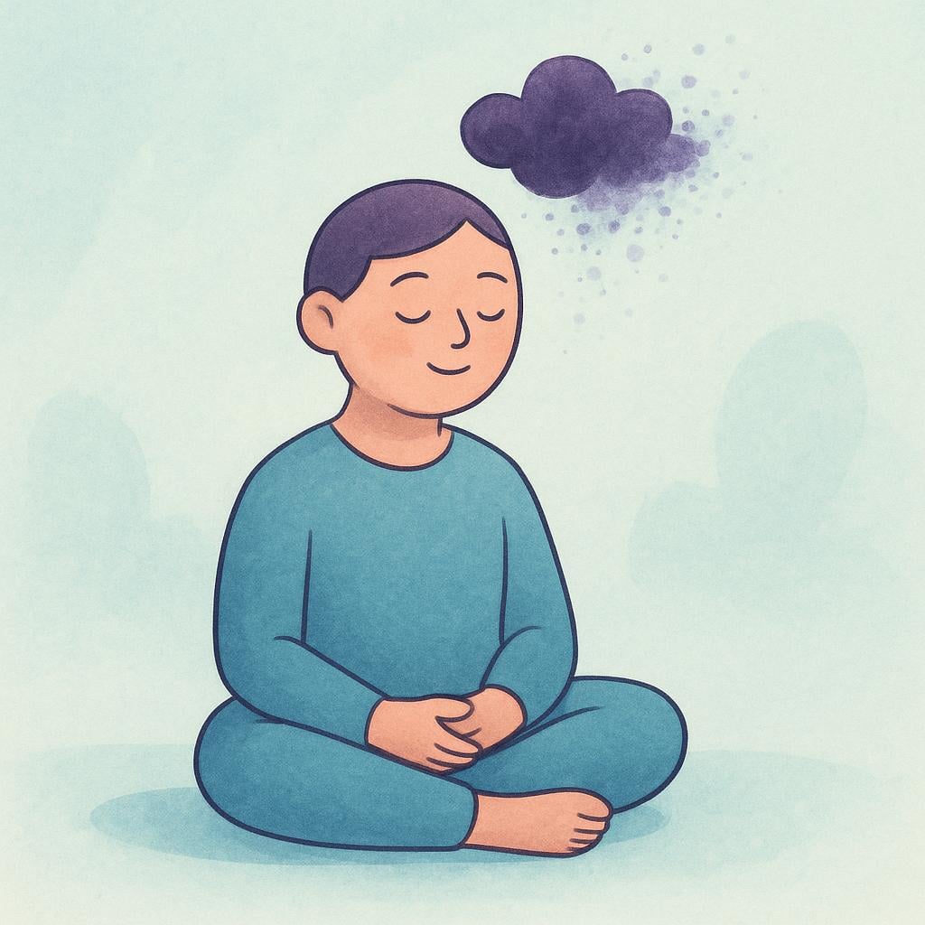 A figure looks peaceful as a small, dark cloud symbolizing worry dissolves above their head.