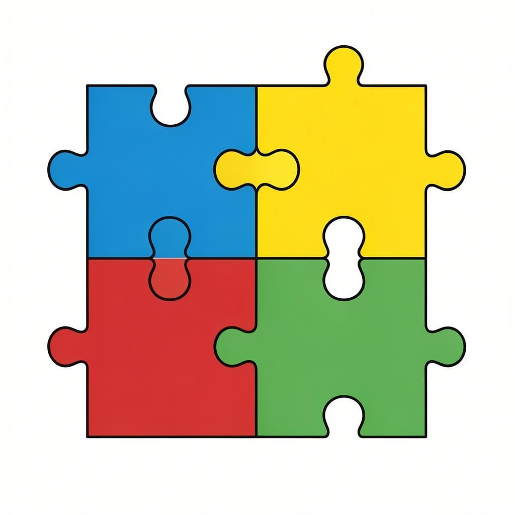 A group of different colored puzzle pieces fitting together to form a whole.