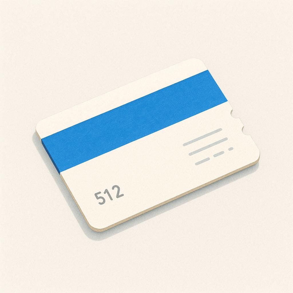 A small, rectangular white travel ticket with a simple colored stripe and a perforated edge, suggesting a transit pass.