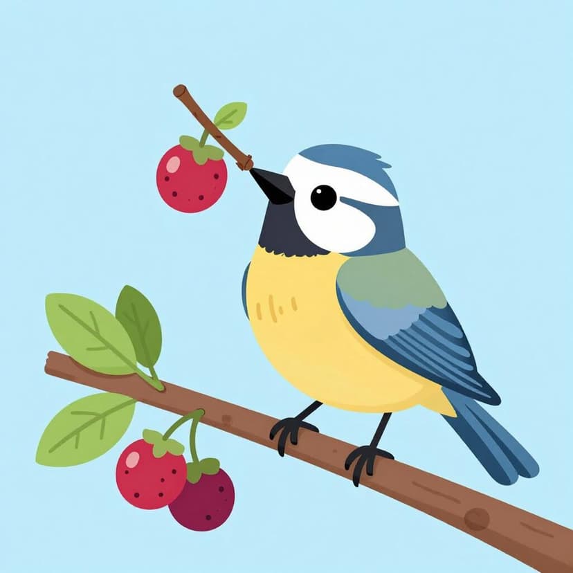 Ein kleiner Vogel benutzt einen Zweig, um an ein Stück Obst auf einem hohen Ast zu gelangen.