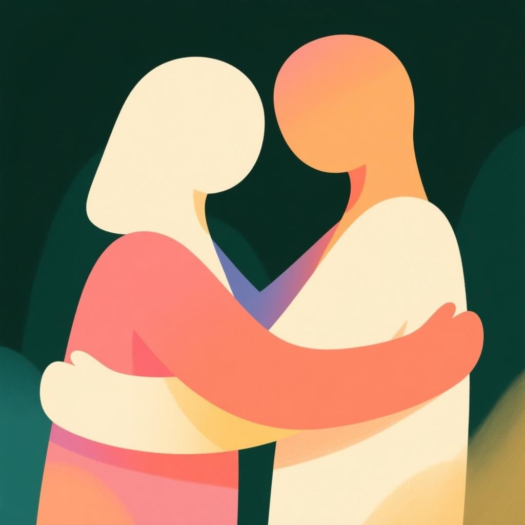 A simple, colorful illustration showing two figures embracing tightly and intimately, symbolizing sexual activity.