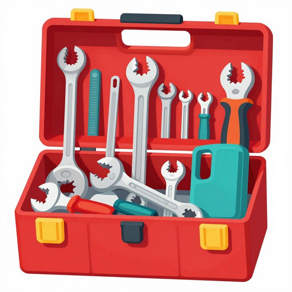 Uma grande caixa de ferramentas vermelha cheia de um conjunto completo de ferramentas variadas como um martelo, chave inglesa e chave de fendas.