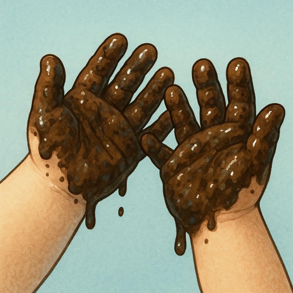 A close-up view of two small hands covered entirely in dark brown mud.