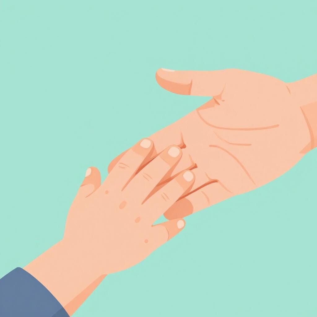 Die Hand eines kleinen Kindes berührt sanft die Hand eines Erwachsenen.