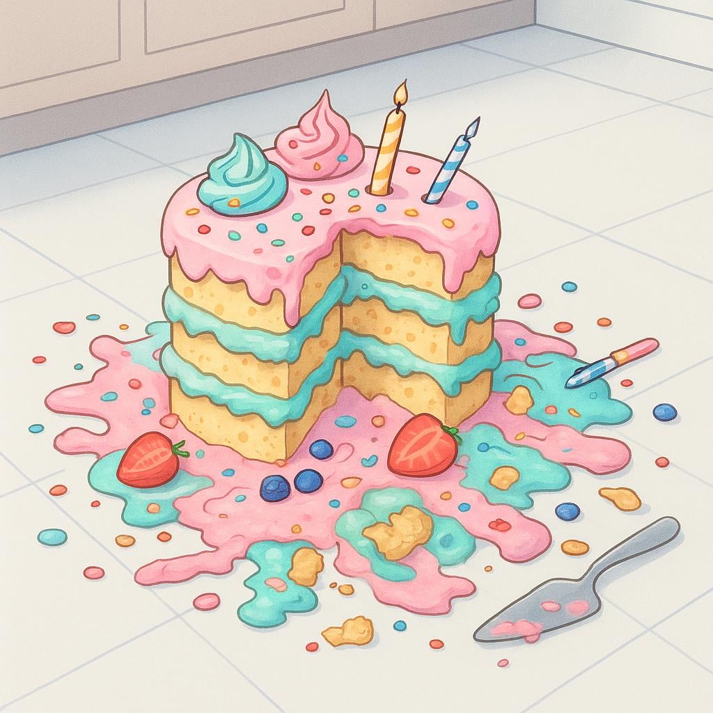 A large, brightly decorated cake that has been completely dropped and splattered into a messy pile on a clean floor, representing a shameful disaster.