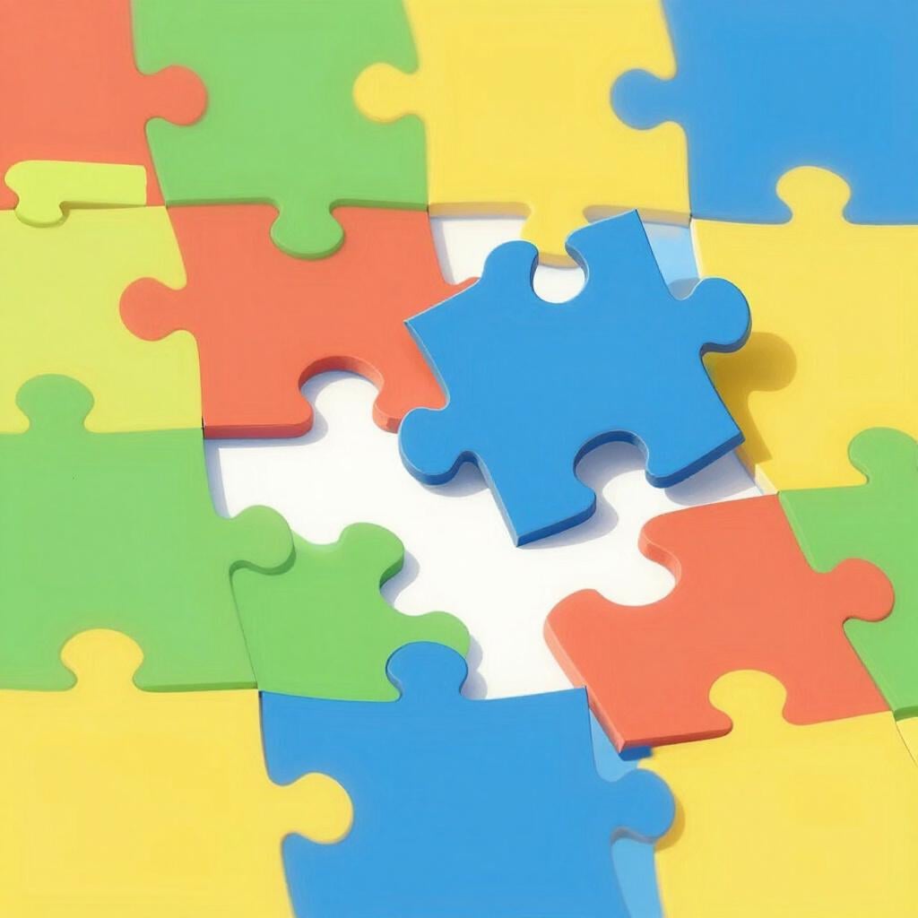 A single puzzle piece that perfectly fits into the center of a nearly finished puzzle.