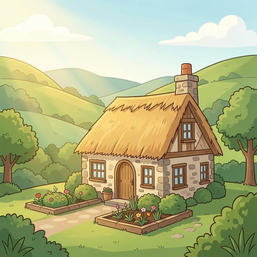 A cozy stone cottage in a green valley under a soft afternoon sun.