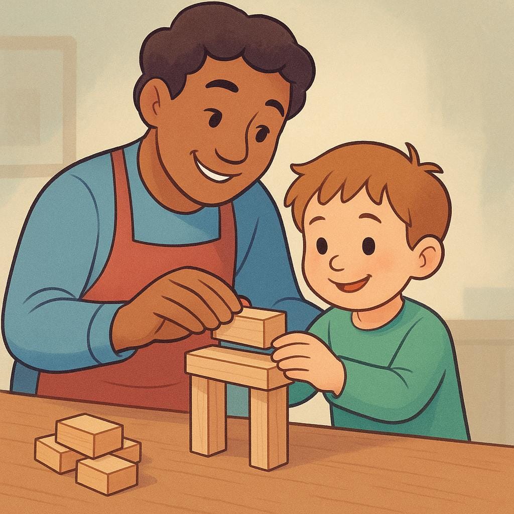 A colorful storybook illustration showing an adult mentor figure gently guiding a young apprentice's hands as they work together on a simple construction project using wooden blocks, symbolizing skill development and training.