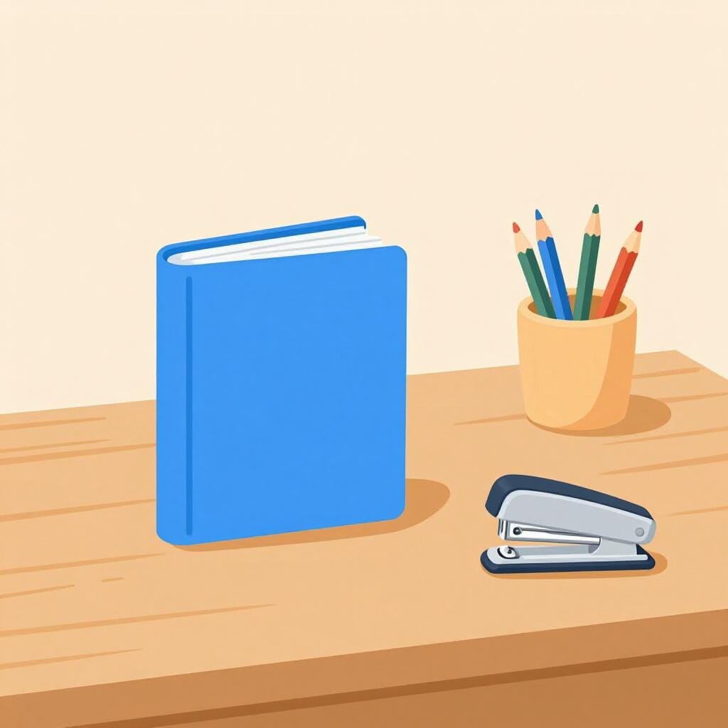 Ein ordentlicher Schreibtisch mit einem Tacker, einem Ordner und einem Stiftehalter.