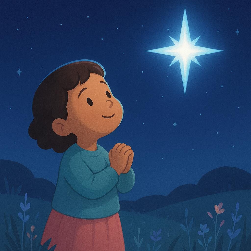 Un jeune enfant debout dehors la nuit, regardant une seule étoile brillante avec des yeux pleins d'espoir et les mains jointes.