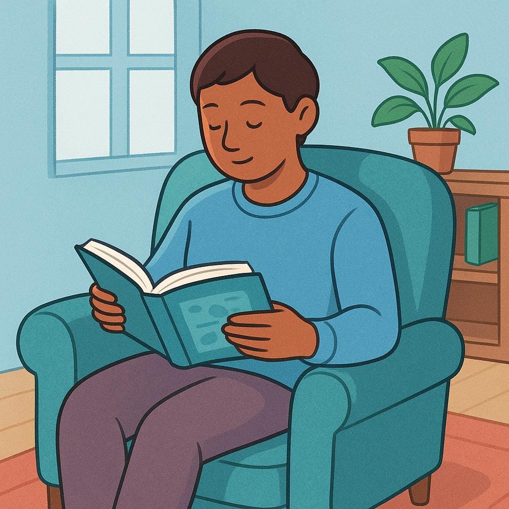 A person sitting in a comfortable armchair, holding an open book and looking down at the pages, fully engrossed in the activity of reading.