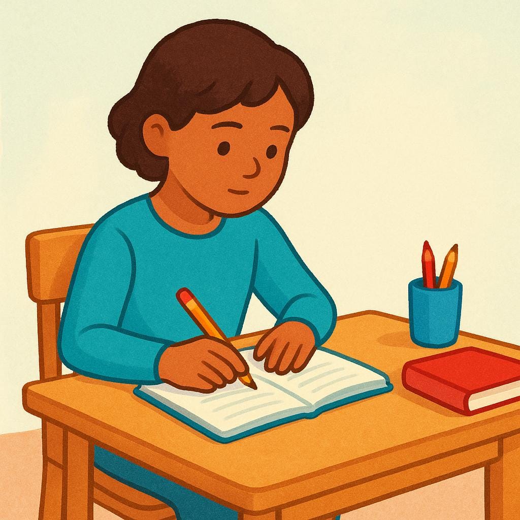 Une illustration colorée de livre d'histoires d'une jeune fille assise à un petit bureau en bois, écrivant avec diligence dans un cahier avec un crayon, concentrée sur son travail.