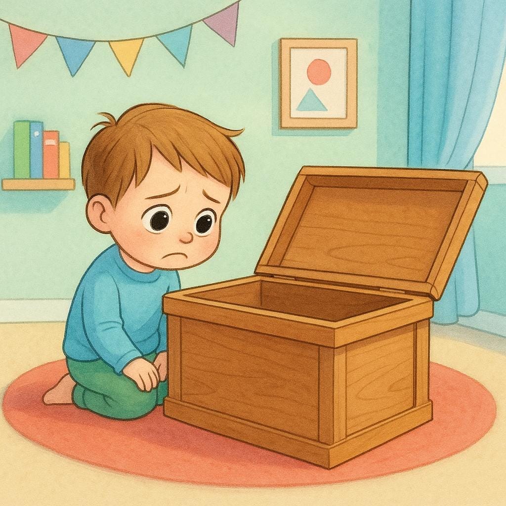 Ein kleines Kind schaut verwirrt in eine leere Holzspielzeugkiste, da sein Lieblingsspielzeug fehlt.