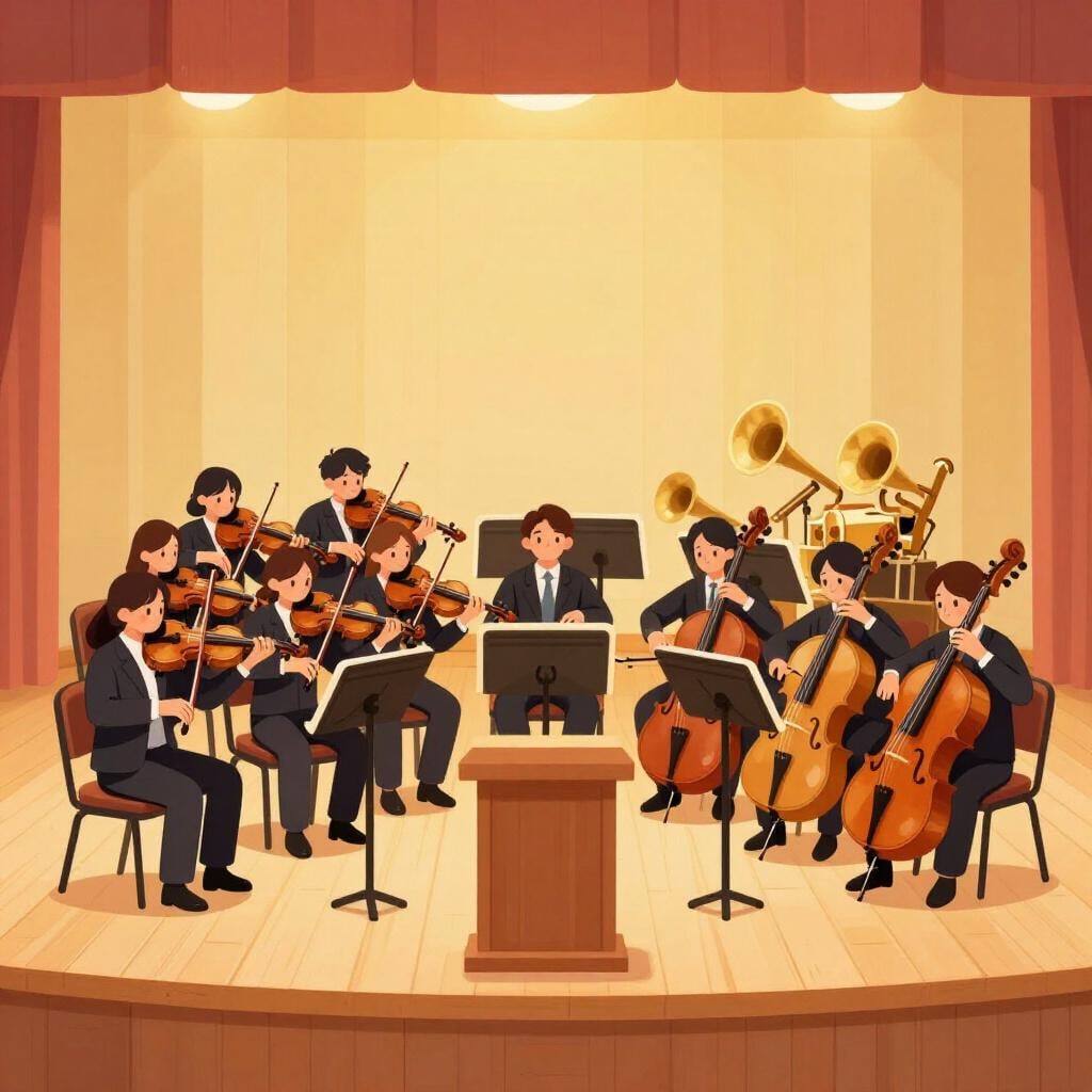 Un grand orchestre avec divers instruments comme des violons, des violoncelles et des bois disposés sur une scène avec un pupitre de chef d'orchestre devant.